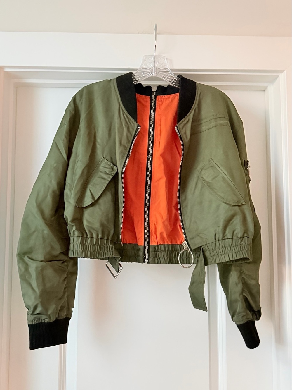 Olive Green Reversible Bomber Jacket with Orange Lining cropped fit
